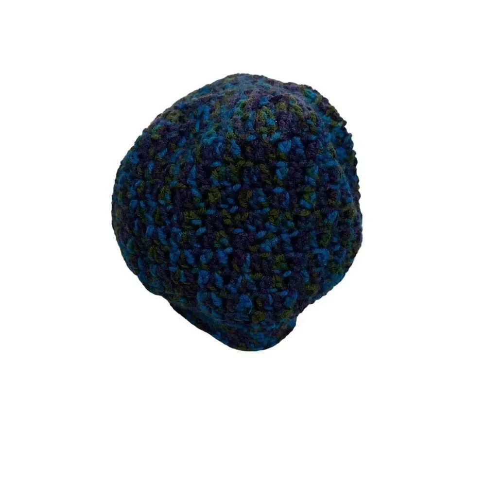 Homemade Knit Beanie Hat Purple Blue Green